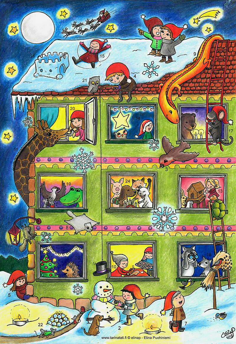 Christmas Calendar Coloring Picture, 2018, Ink drawing, coloring pencils