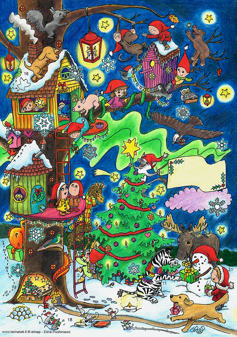 Christmas Calendar Coloring Picture, 2019, Ink drawing, coloring pencils