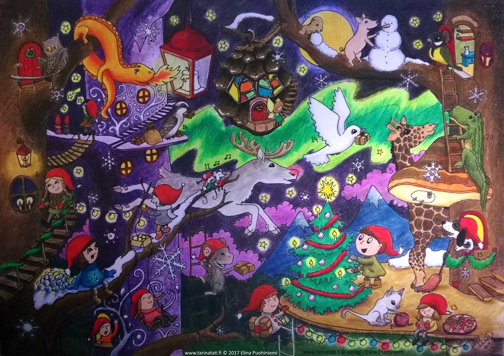Väritettävä joulukalenteri, 2017, A4 tussipiirros, puuvärit