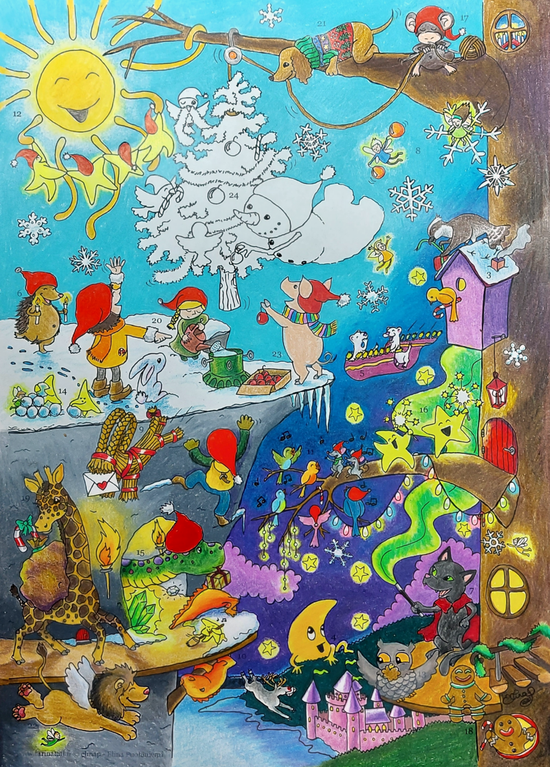 Väritettävä joulukalenteri, 2021, A4 tussipiirros, puuvärit